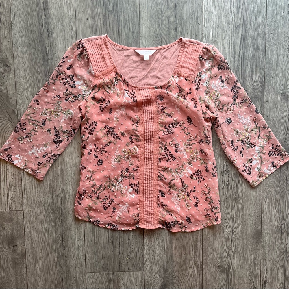 LC Lauren Conrad Women’s 3/4 Sleeve Floral Blouse Flowy Pink Peach Mauve Medium